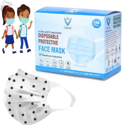 7SHIELD Kids Size Black dot printed Face Mask with Nose clip and soft fabric ear loop Mask 3 ply disposable filter protection breathable dust proof Child\kids size mask Water Resistant, Non-Reusable Surgical Mask