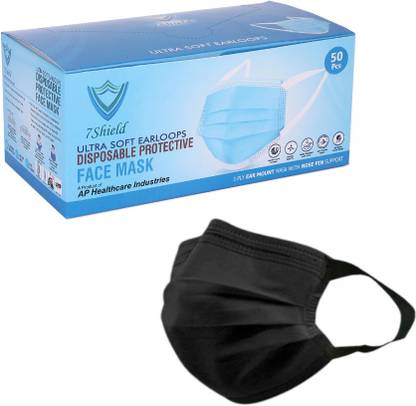 7SHIELD Non-Woven Fabric disposable Surgical 3Ply Unisex mask With Soft fabric ear loop for extra comfort Black soft loop Water Resistant Surgical Mask