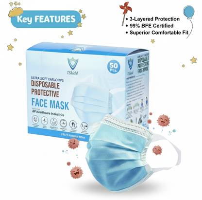 7SHIELD Kids Size CE and ISO Certified mask with Extra soft Fabric ear loop and Inbuilt Plastic coated Nose pin unisex mask soft fabric Ear loop Kids size Mask Water Resistant Surgical Mask