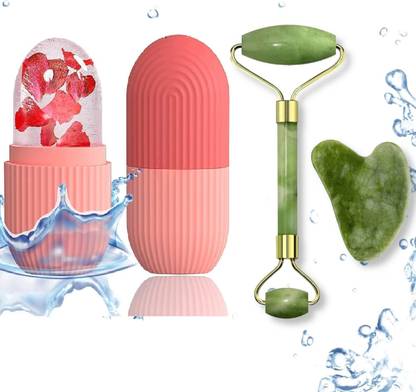 NIHILANO face massager face roller beauty Facial Combo Skin Eye Body Gua Sha stone roller 100% Natural Jade stone roller and ice roller for face massager for men & women Massager
