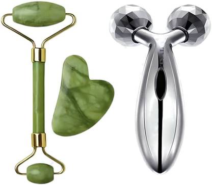 NIHILANO Jade Roller & Gua Sha Set Face Roller Anti-Aging Facial Roller Natural (Stone Roller + 3D Roller) Massager
