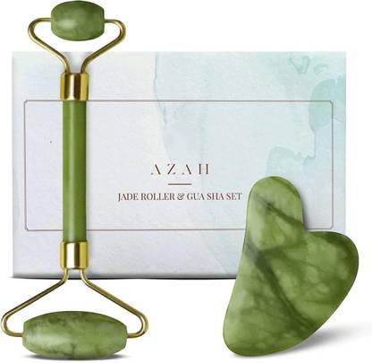 AZAH Jade Roller & Gua Sha Set | Reduces Puffiness, Improves Circulation, Relaxes Muscles | Non-Toxic, Sturdy, Noiseless Design | Massager for Face, Eye, Neck 100% Natural Massager