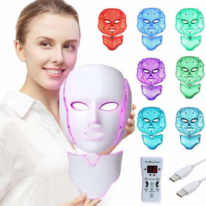 DEVICE Face-massager LED Face Mask Light Therapy- 7 Color Skin Rejuvenation Therapy with Neck Care Massager