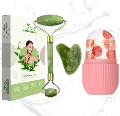 LAXIT Premium Face Stone Jade Roller Massager with Gua Sha Stone And Ice Roller Set For Women Men Facial Massage Combo 100% Natural Stone Skin Eye Neck Body Beauty Massager