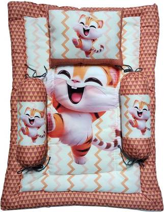 manshvi Baby Bedding set With 2 Rolling Pillow, 1 Rectangle Pillow, Mattress Cat Print