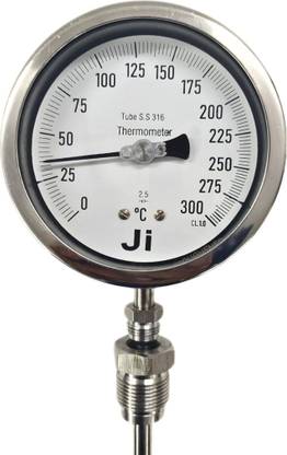 "Ji" Japsin Instrumentation Inert Gas Filled Dial Thermometer, 4" Dial, 0-300°C, 6" Stem, Bottom Entry Dial Indicator