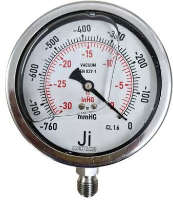 Japsin instrumentation Vacuum Gauge, 4" Dial, -760 mmhg to 0, Bottom Entry, 3/8" BSP (M) SS Connection Dial Indicator
