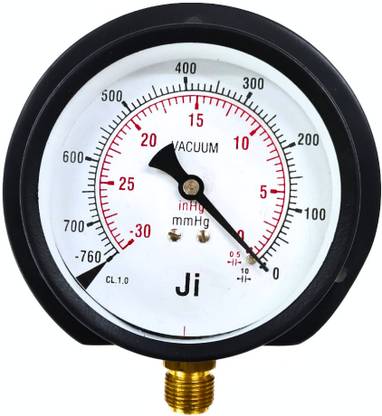 Japsin instrumentation Vacuum Gauge, 4" Dial, -760 mmHg to 0 with 30 InHg, Bottom Entry, 3/8" BSP (M) Dial Indicator