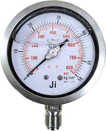 Japsin instrumentation Glycerin Filled Pressure Gauge, 4" Dial, 0-56 Kg/Cm2 / 800 PSI, Bottom Entry Dial Indicator