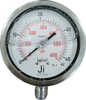 Japsin instrumentation Glycerin Filled Pressure Gauge, 4" Dial, 0-42 Kg/Cm2, Bottom Entry, 1/2" BSP (M) Dial Indicator