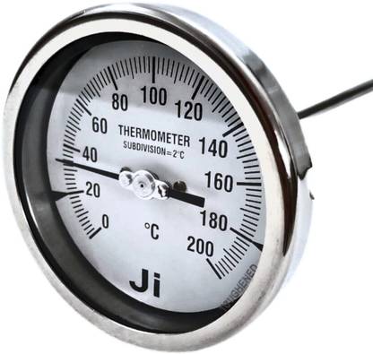"Ji" Japsin Instrumentation Bi-Metal Dial Thermometer, 4" Dial, 0-200°C, 12" Stem, Back Entry, SS Material Dial Indicator