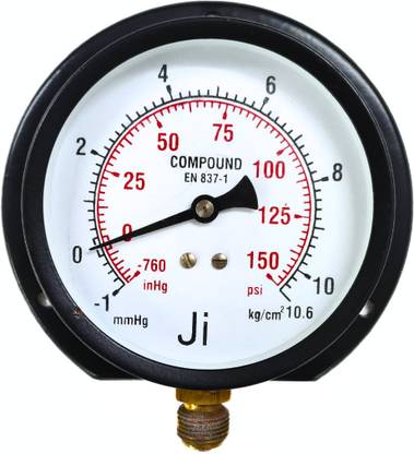 Japsin instrumentation Compound Gauge, 4" Dial, -760 mmHg to 10.6 Kg/Cm2, Bottom Entry, 3/8" BSP (M) Dial Indicator