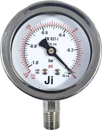 "Ji" Japsin Instrumentation Economical Vacuum Gauge, 2.5" Dial, -1 to 0 Bar, Bottom Entry, 1/4" NPT (M) Dial Indicator