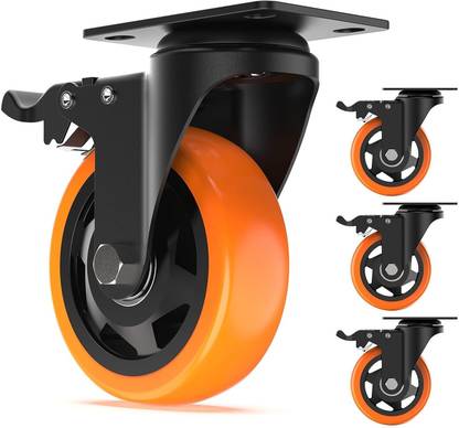 SMP product 3 Inch Heavy - Duty PU Orange Soft Rubber Caster Wheel (2 With Brakes-2 Without) Cooler Stands, Sofas, Tables | 3 Inch(2With Brake+2Without) Multiple Unit Measuring Wheel