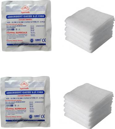 Agarwals Absorbent Gauze Swabs Sterile 10 cm X 10 cm X 12 ply (5Pcs/Pack) - Pack of 2 Gauze Medical Dressing