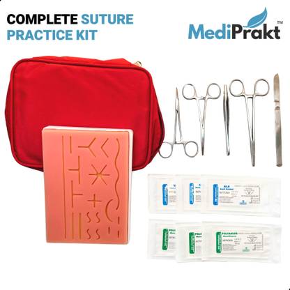MediPrakt | COMPLETE SUTURE PRACTICE KIT | Includes LARGE Silicone Suturing Pad | With 19 Pre-Cut Incisions | Blank Area for Custom Incisions | Sturdy Stand | For Practicing and Training of Medical and Dental Students | Mimics Real Triple Layer Flesh | Medical Equipment Combo