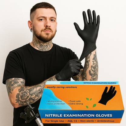 WOVFLY CARING SOLUTIONS Disposable Nitrile Examination Gloves | Black Size L | Multipurpose Gloves Nitrile Examination Gloves