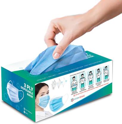 ATOM Shield Self Dispenser Box 50 3ply Non-Washable, Reusable, Water Resistant Surgical Mask With Melt Blown Fabric Layer