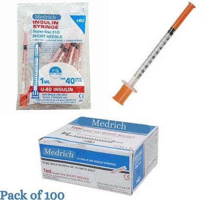 MEDRICH insulin syringes Single use 31G 1ml (Pack of 100) super fine Medical Needle