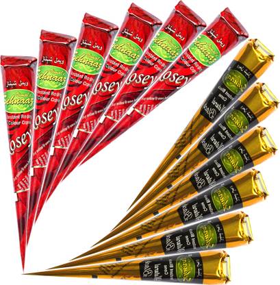 VIMAL s Sehnaaz Mixed Colour Instant Henna Cones, 6 Rosey and 6 Gold Black, Synthetic Mehendi