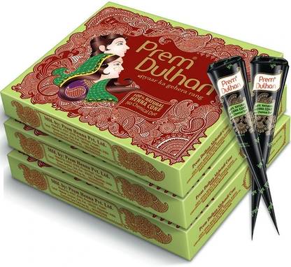Prem Dulhan Henna Cone 12pc in 1 box, made from 100% pure leaf of natural Henna No Chemicals, No PPD, No Side Effects (GREEN BOX- BLACK CONE - Pack of 1) Natural Mehendi