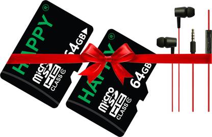 HAPPY MEMORIES Premium 64+64GB Micro SDHC card,64GB Memory Card Class 10,64GB Pack of 2 Combo with FREE GIFT Z60 Earphone. HAPPY 64GB MMC COMBO 64 GB MicroSD Card Class 10 15 MB/s  Memory Card Compatible with Mobile, Tablet, Camera