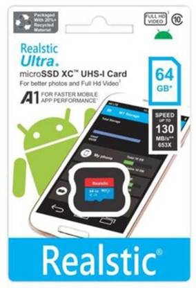 Realstic 64GB-Rl-mmc-014 Ultra 64 GB MicroSDXC Class 10 130 MB/s  Memory Card Compatible with Camera, Computer, Mobile, Tablet
