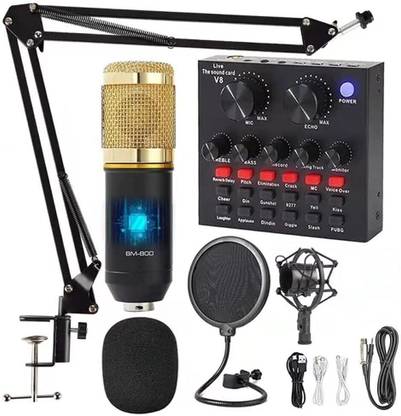 AMG Music Professional BM800 Condenser Microphone Set With Live V8 Sound Card Sound Mixture Adjustable Boom Scissor Arm Stand, Pop-Filter XRL To 3.5mm Audio Jack, Shock Mount,Anti-Wind Foam, Full Condenser Microphone Recording Set for Vlog Living Broadcast Live Streaming YouTube TikTok Studio Recording microphone set