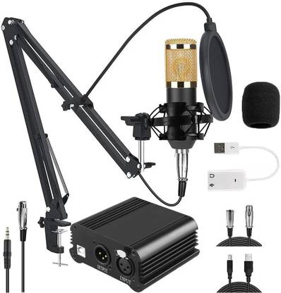 AMG Music Professional Microphone Set with Arm Stand, Phantom Power and USB Sound Card Mic for Youtube Singing Studio Recording Condenser Microphone Set