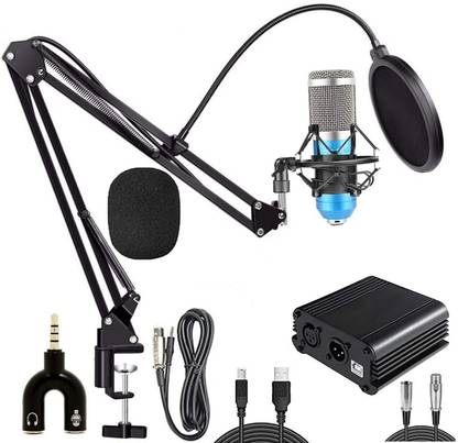 AMG Music Professional BM800 Condenser Microphone Set With Phantom Power Supply Adjustable Boom Scissor Arm Stand, Pop-Filter XRL To 3.5mm Audio Jack, Shock Mount,Anti-Wind Foam, Full Condenser Microphone Recording Set for Studio Recording-Blue MICROPHONE SET