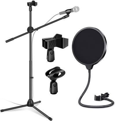 eRise Microphone Stand With Pop Filter(Combo), Studio Microphone/Mic Stand with Flexible Pop Shield Filter for Recording All High Quality Durable Mike Accessory Mike Stand with Filter- Flexible, Upgraded Tripod Mic Stand with Dual Mic Clip Holders Heavy Metal Base Adjustable Collapsible Height Adjustable Boom Stands Adjustable Microphone Stand Microphone Stand (Microphone Stand with Pop Filter Combo, Black) Microphone Stand With Pop Filter Combo