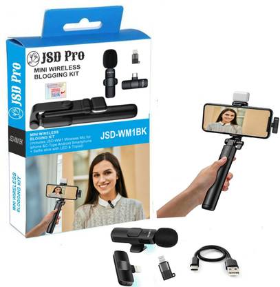JSD PRO - Wireless Blogging Kit - (LED Selfie Stick+iPhone & C-type Smartphone Wireless Microphone