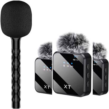 MOBIZAC Microphone Handheld Stick with Professional Dual Wireless Mic and Muff Superior Noise Reduction Collar Mic for Mobiles DSLRs GoPro Cameras Laptops
