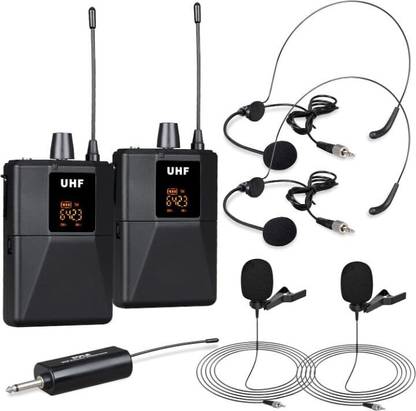 KH UHF Wireless Mic System Portable Pro Cordless Mic with 2 Headset,2 Lavalier Microphone