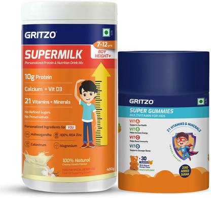 Gritzo SuperMilk Height+ (7-12y Boys), 10g Protein (Creamy Vanilla) with Super Gummies