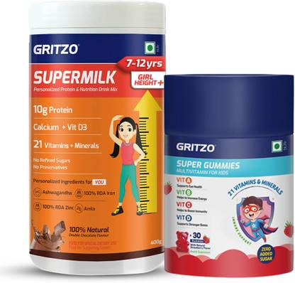Gritzo SuperMilk Height+ (7-12y Girls), 10g Protein with Super Gummies