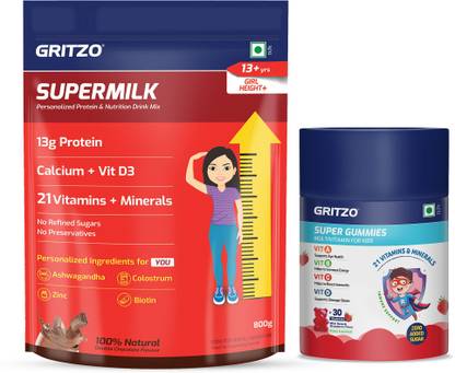 Gritzo SuperMilk Height+ ( 13+y Girls), 13g Protein with Super Gummies