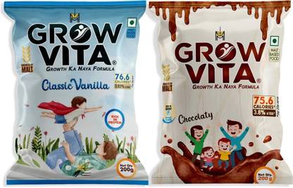 Grow Vita Growth ka Naya Formula Creamy chocolaty and classic vanilla pouches