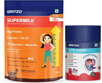 Gritzo SuperMilk Height+ (7-12y Girls), 10g Protein with Super Gummies
