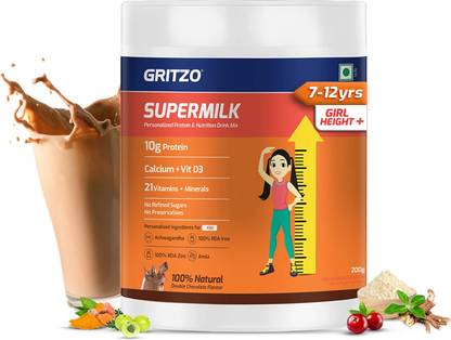 Gritzo SuperMilk Height+ (7-12y Girls),10g Protein, Double Chocolate