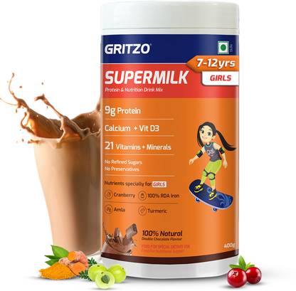 Gritzo SuperMilk Overall Growth (7-12y Girls), 9g Protein (Double Chocolate)