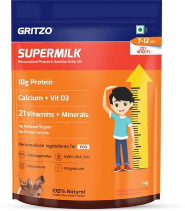 Gritzo SuperMilk Height+ (7-12y Boys), 10g Protein, Double Chocolate, Pouch