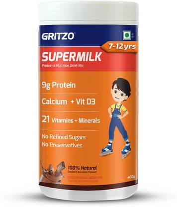 Gritzo SuperMilk Overall Growth (7-12y Boys), 9g Protein (Double Chocolate)