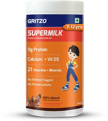 Gritzo SuperMilk Overall Growth (7-12y Boys), 9g Protein (Double Chocolate)