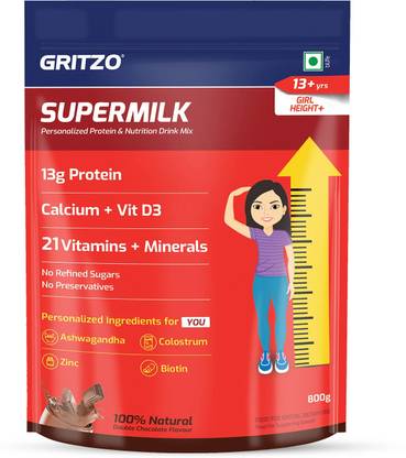 Gritzo SuperMilk Height+ ( 13+y Girls), 13g Protein (Double Chocolate)