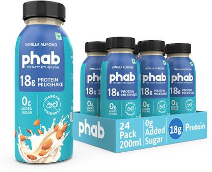 Phab Protein Milkshakes with 18g Protein, Vitamin B12, No Added sugar (Pack 24) Vanilla Almond
