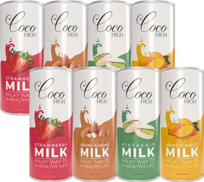 COCOHIGH Combo Mango, Pistachio, Brainy Almond & Strawberry Milkshake 200 ML (Pack of 8) Multi Flavour