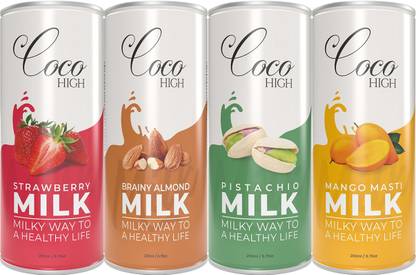 COCOHIGH Combo Mango, Pistachio, Brainy Almond & Strawberry Milkshake 200 ML (Pack of 24) Multi Flavour