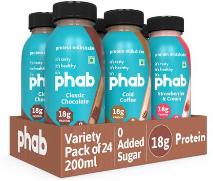 Phab Protein Milkshakes With 18G Protein & No Added Sugar | Healthy Protein Shake Classic Chocolate, Cold Coffee, Strawberries & Cream