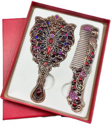HANNEA Vintage Hand Mirror Comb Set for Makeup Decorative Metal Vanity Mirror and Comb